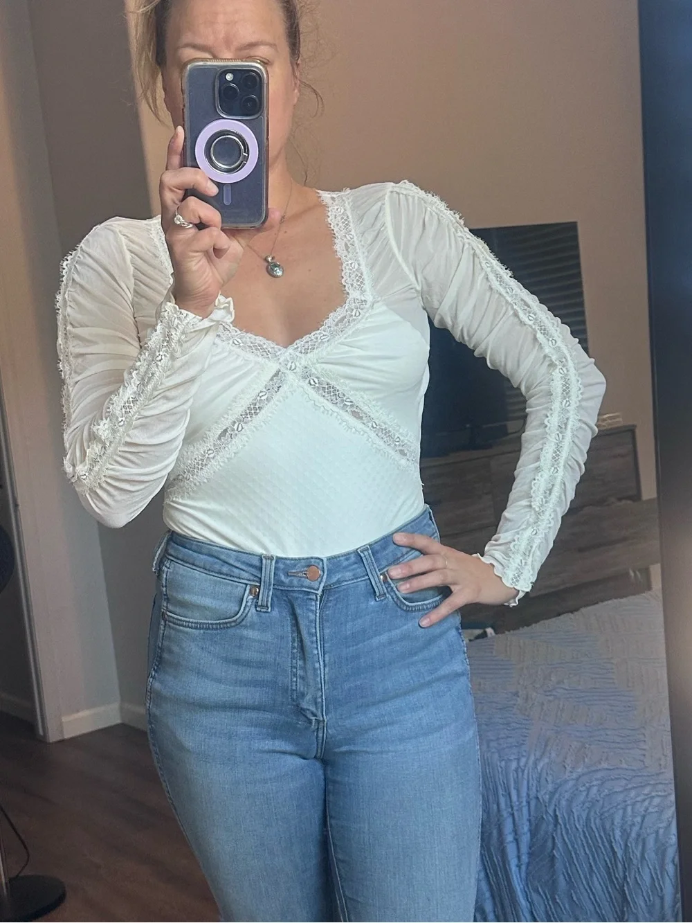 Free People Ivory Lace-Trim Long Sleeve Bodysuit